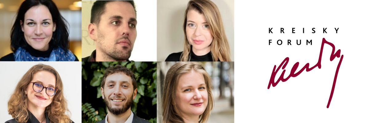 An image shows a collage of portraits of the six speakers invivted to the panel discussion, as well as the logo of Bruno Kreisky Forum