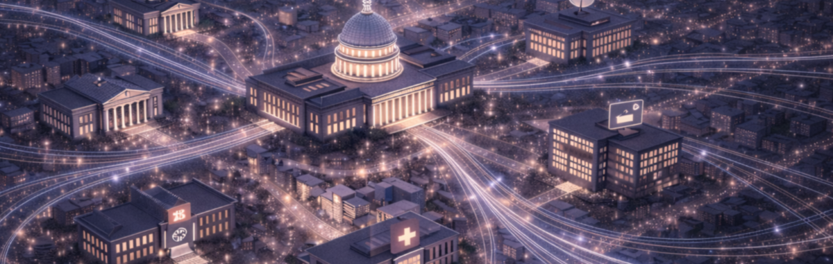 An AI-generated illustration shows a parliament building surrounded by other buildings, in darkness, all connected by rays of light going from one to the next
