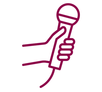 A graphic shows a hand holding a microphone
