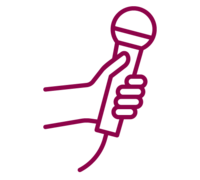 A graphic shows a hand holding a microphone