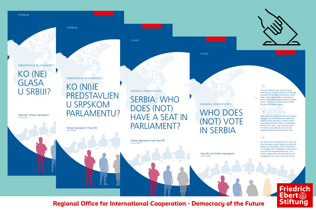 A visual showing the covers of four publications, 'Who does (not) vote in Serbia?' and 'Who does (not) have a seat in the Serbian Parliament?', each in English and in Serbian