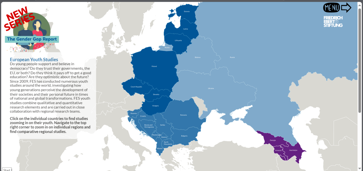 A screenshot shows the start page of youthstudies.fes.de; a clickable map of Europe
