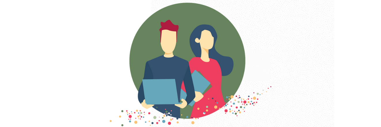 An image shows an icon with a man and a woman, both appearing young, him holding a laptop, her a notebook