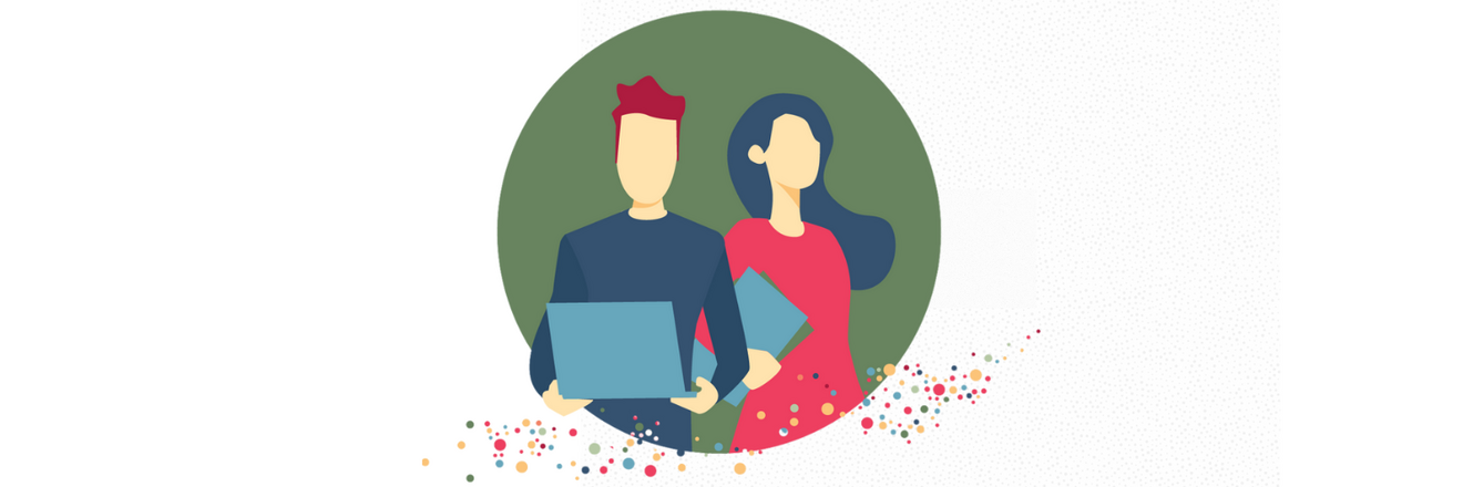 An image shows an icon with a man and a woman, both appearing young, him holding a laptop, her a notebook