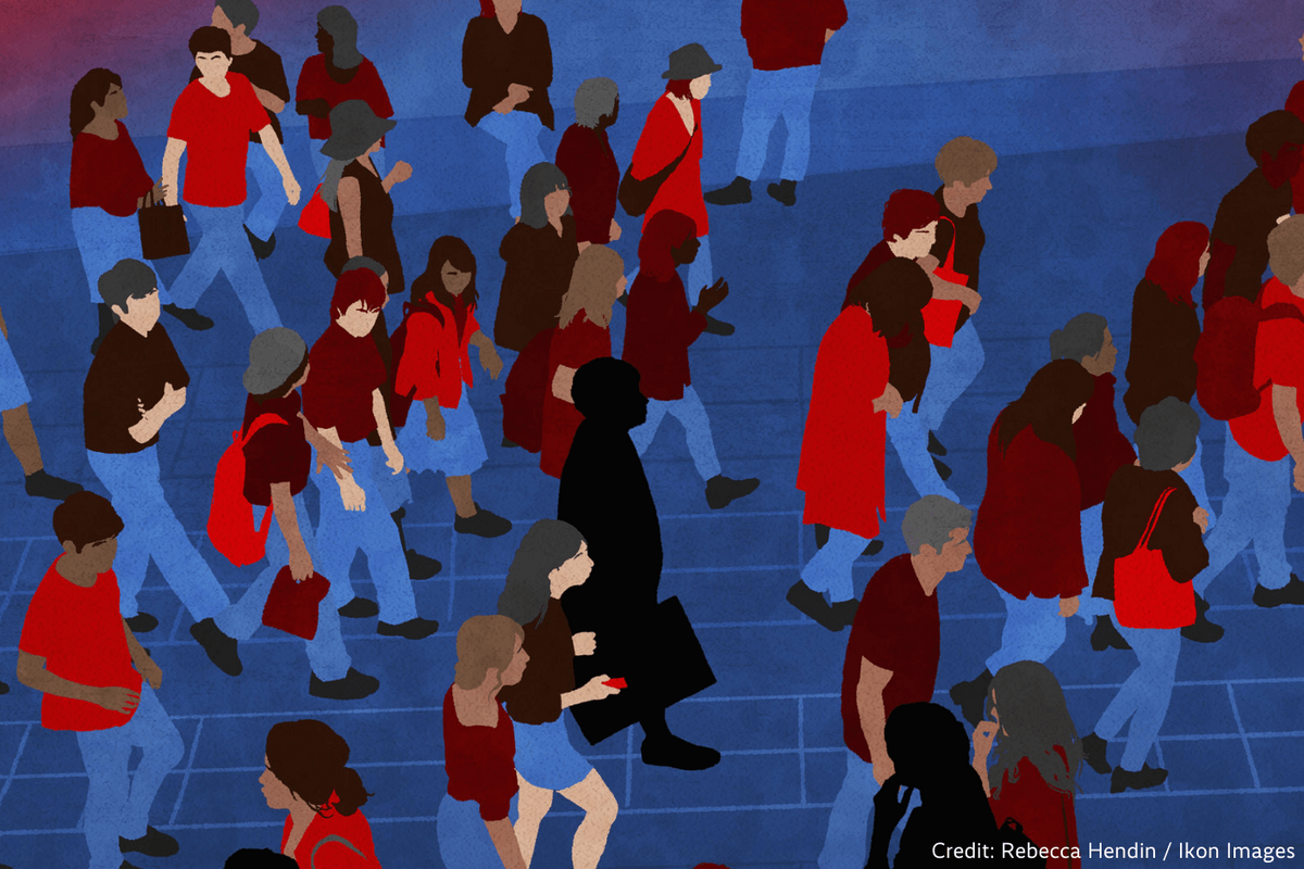 An illustration by Rebecca Hendin from IKON Images shows a crowd of young people walking, some carrying backpacks, some talking, in blue and red tones.