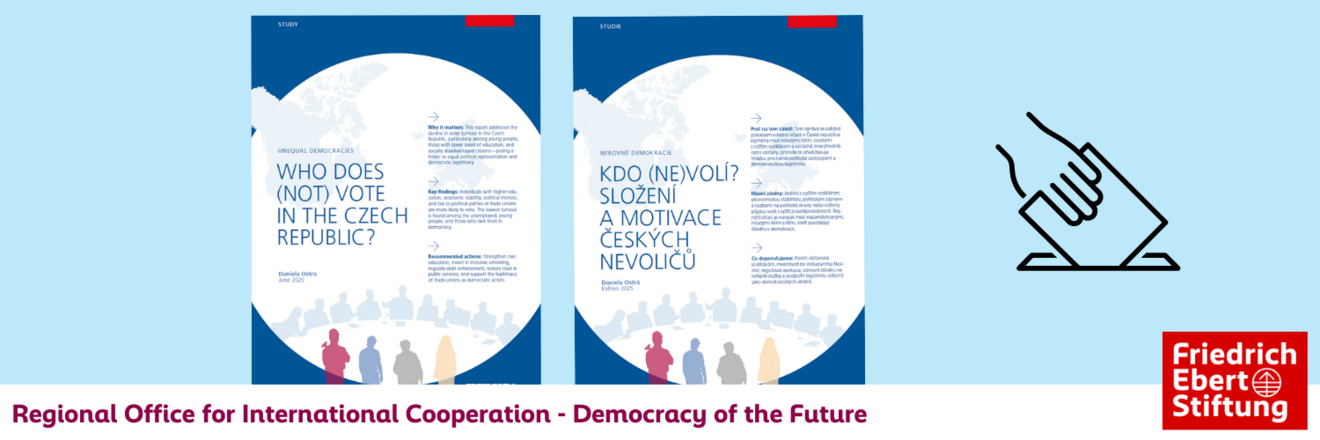 Graphic showing two covers of the publication "Who does (not) vote in the Czech Republic?" by Daniela Ostra, focused on voting behavior.