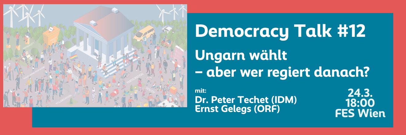 An image shows the title of the event alongside a graphic showcasing a town square with people protesting, playing, and debating