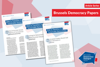 A visual showing the covers of three papers from the Brussels Democracy Dialogue series
