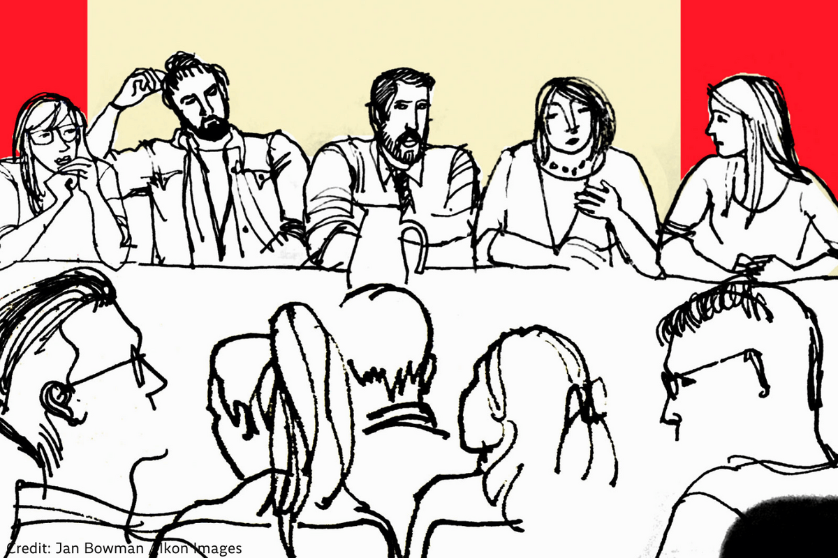 An illustration by Jan Bowman from Ikon Images shows a group of people around a table, showcasing the deliberative element of democracy that citizens' assemblies embody.