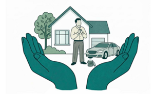 An illustration shows two hands opening up to show a man in front of a house and car