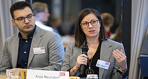 A photograph shows Thamy Pogrebinschi from WZB Berlin Social Science Center and Anja Neundorf from the University of Glasgow at Brussels Democracy Dialogue 2025.