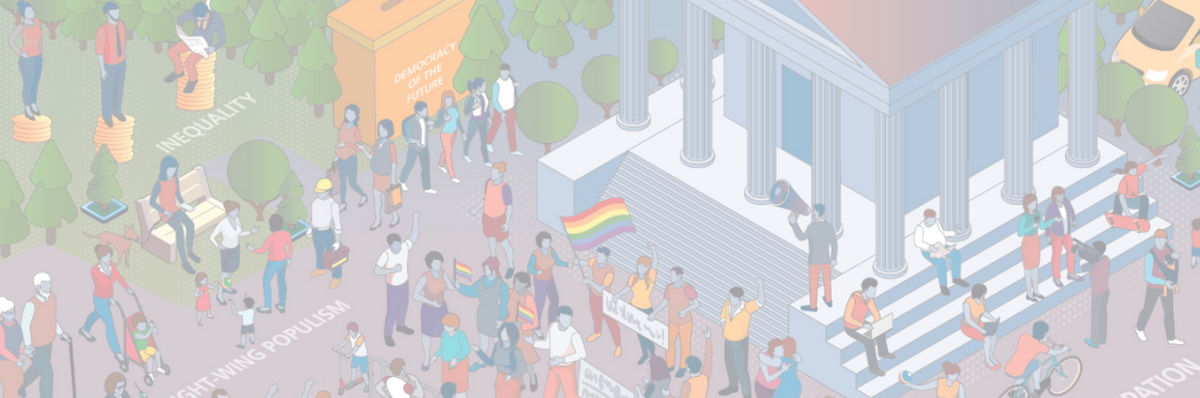 An illustration showing people in front of a parliamentary building is the background image for the event series called Democracy Talks, hosted by and at Friedrich-Ebert-Stiftung's Regional Office Vienna