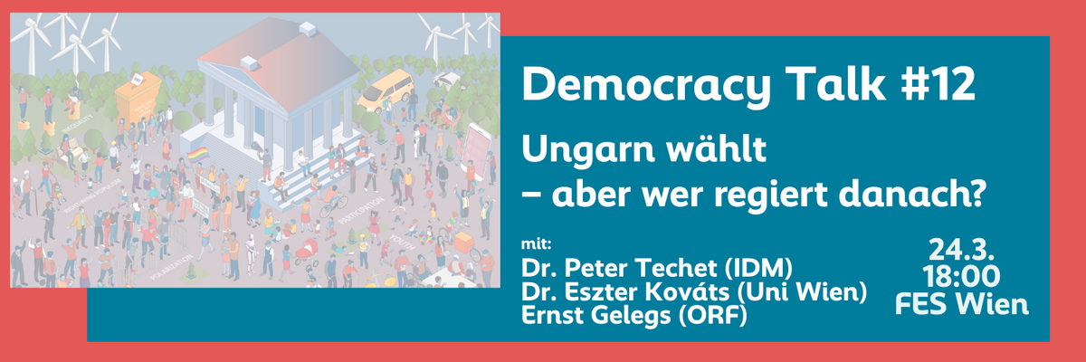 An image shows the title of the event alongside a graphic showcasing a town square with people protesting, playing, and debating