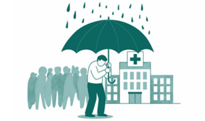 An illustration shows a man underneath an umbrella, in front of a hospital.