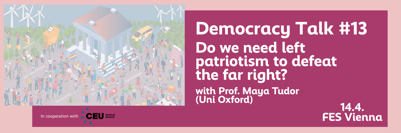 An image shows the details of the event alongside a graphic of a town square with a parliament building and people playing, talking, and protesting, among others. 