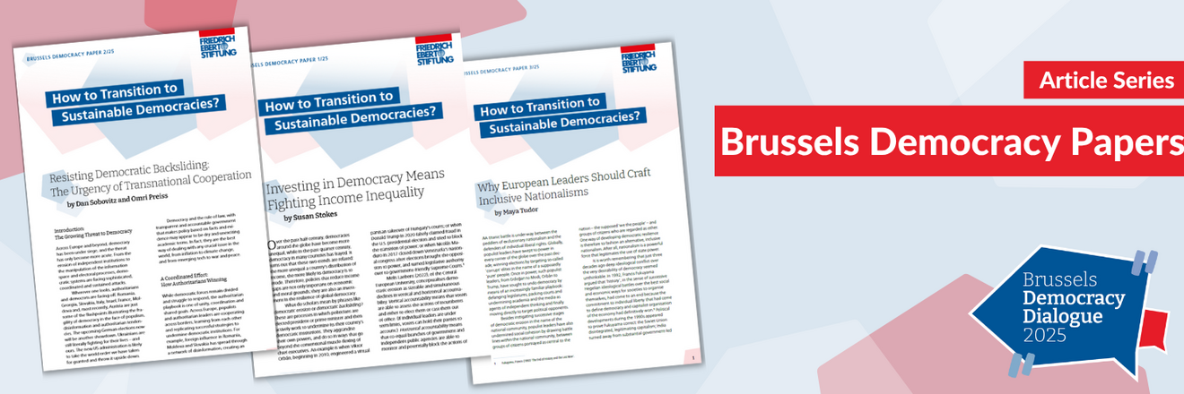 A visual showing three covers of the Brussels Democracy Dialogue series