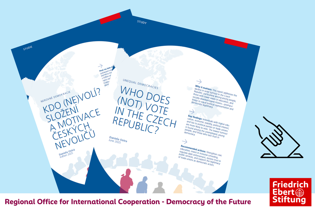 Graphic showing two covers of the publication "Who does (not) vote in the Czech Republic?" by Daniela Ostra, focused on voting behavior.