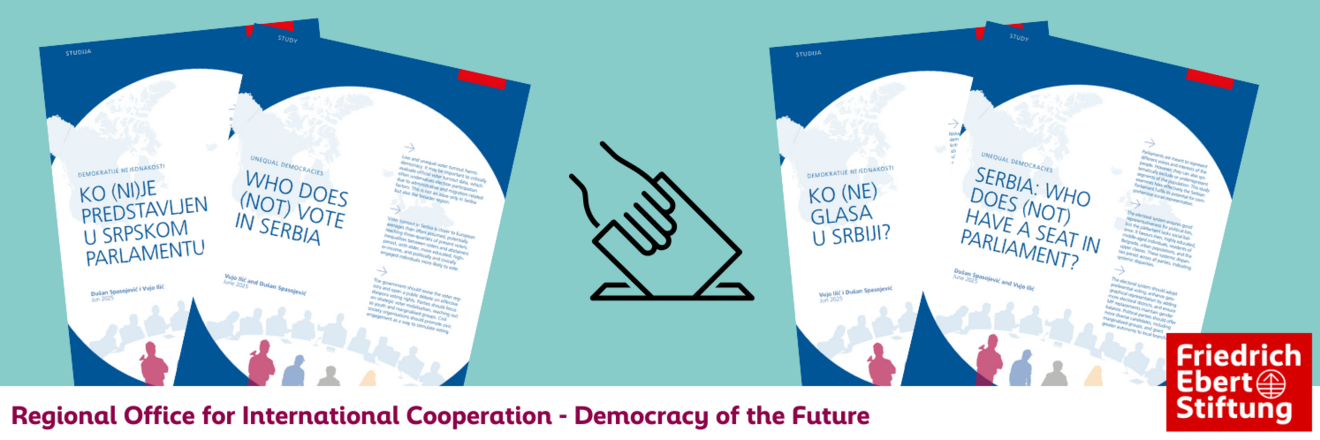 A visual showing the covers of four publications, 'Who does (not) vote in Serbia?' and 'Who does (not) have a seat in the Serbian Parliament?', each in English and in Serbian