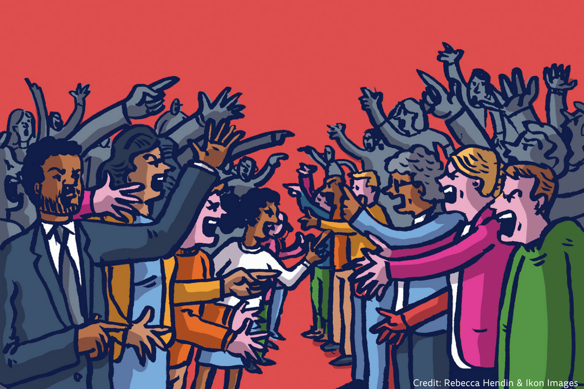 Illustration of two rows of people facing each other and arguing, symbolizing social or political polarization. Artwork by Rebecca Hendin, via Ikon Images.