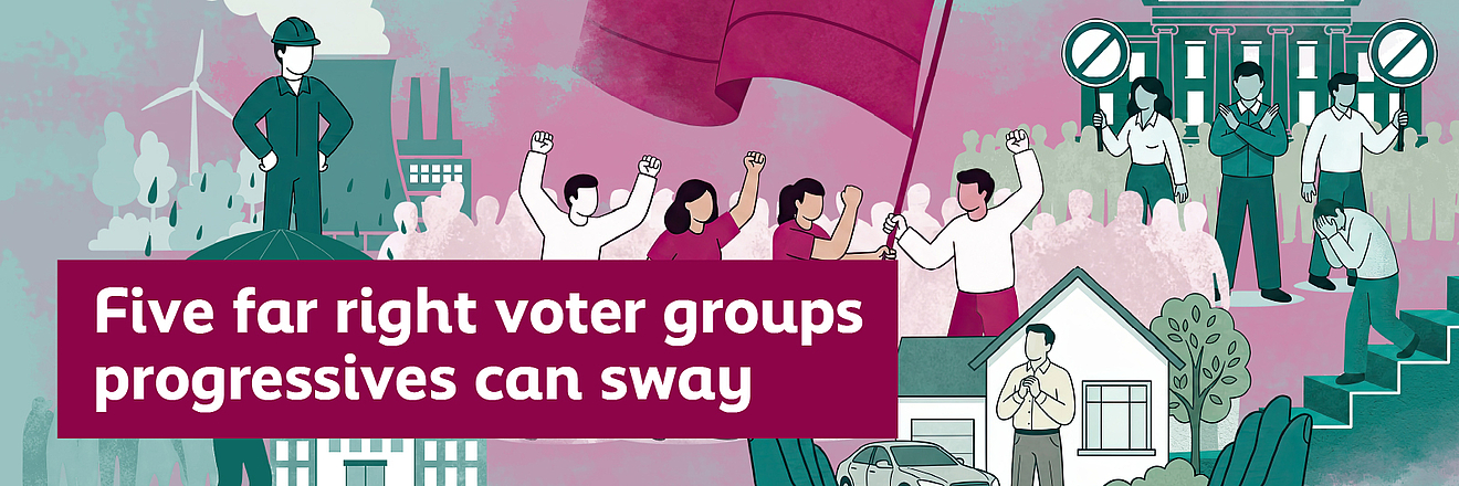 An illustration shows six different types of voter groups alongside the text: Five  far right voter groups progessives can sway