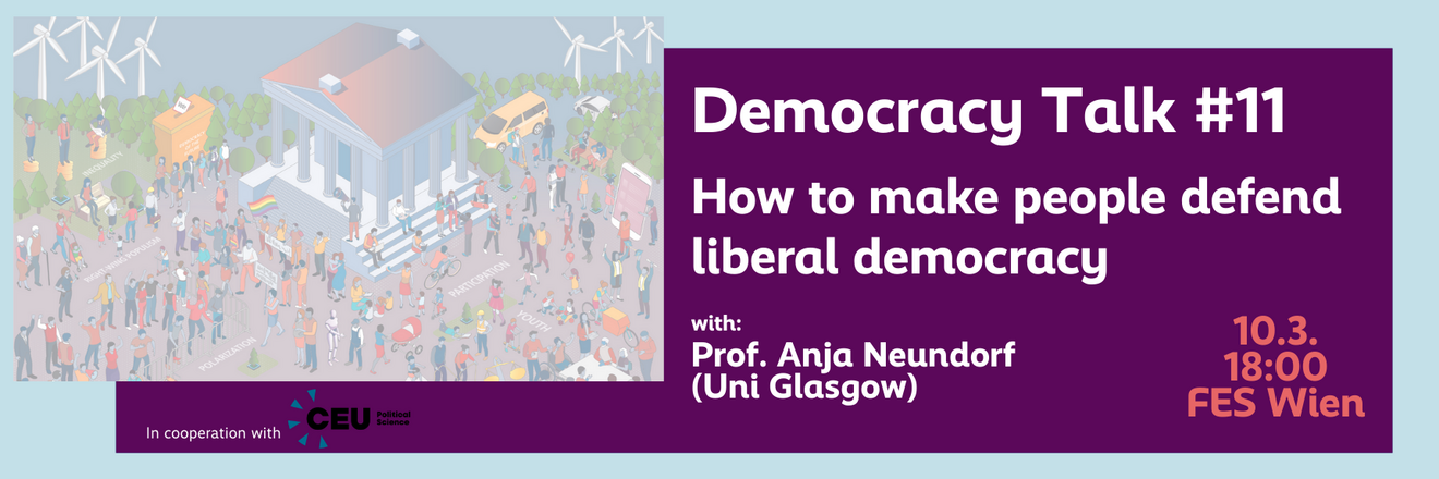 An image shows the title of the event alongside a graphic showcasing a town square with people protesting, playing, and debating