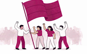 An image shows a group of people rallying around a flag