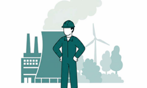 An image shows a man in a workers uniform, standing in front of a factory