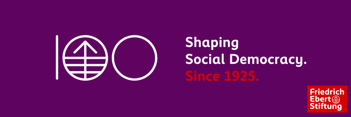 An illustration celebrates 100 years of Friedrich-Ebert-Stiftung and 100 years of shaping Social Democracy, and links to a page with further information on the anniversary and the foundation's activities to celebrate it.