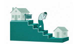 An image shows a man walking down a flight of stairs with his face buried in his hands, with a foreclosed house at the top of the stairs and a much smaller house at the bottom