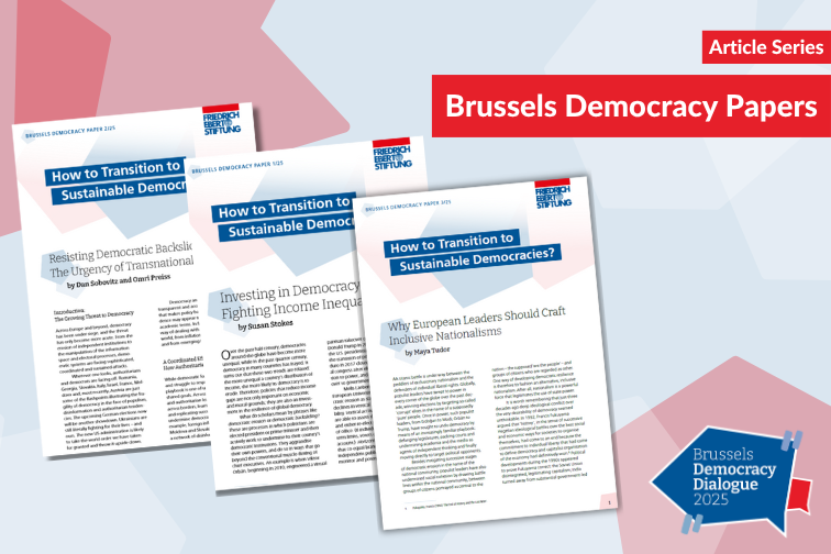 A visual showing three covers of publications from the Brussels Democracy Dialogue Series